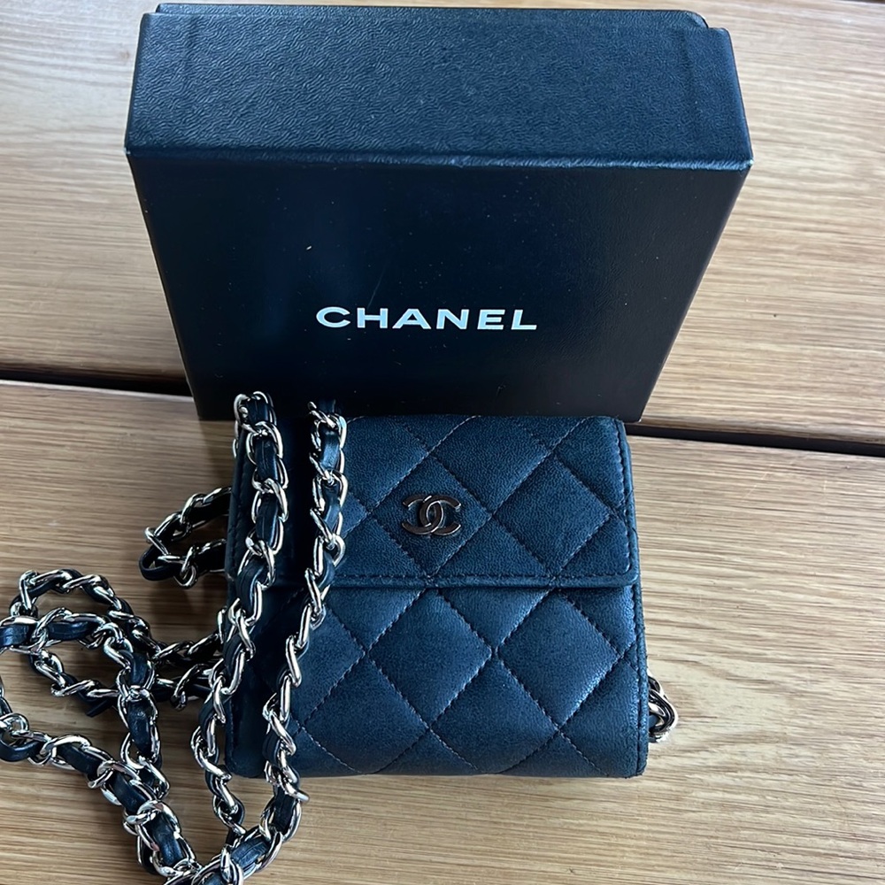 Authentic Chanel Lambskin Tri-Fold compact Wallet with Chain Mini